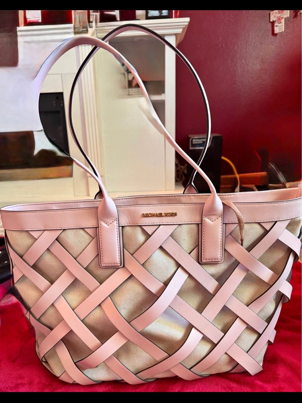 Michael Kors Pink Woven Leather-Overlay Tote